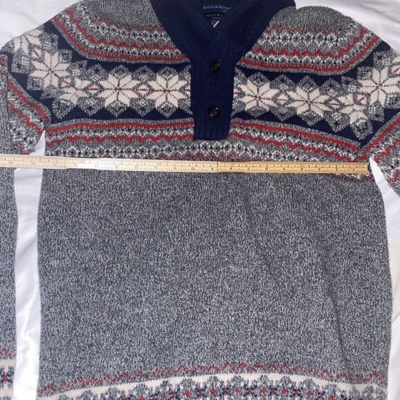 Tommy Hilfiger‎ Navy Red Fair Isle Lambswool 1/4 Sweater Button Men Size Small - Picture 6 of 11
